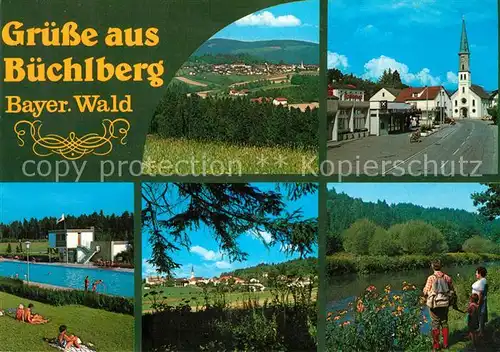 AK / Ansichtskarte Buechlberg Landschaftspanorama Ortsmotiv mit Kirche Wandern Freibad Buechlberg