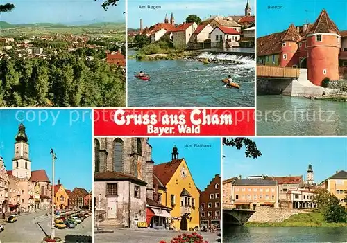 AK / Ansichtskarte Cham_Oberpfalz Stadtpanorama Am Regen Wehr Biertor Marktplatz Kirche Rathaus Cham Oberpfalz