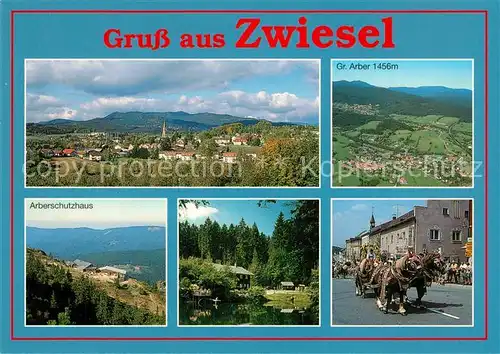 AK / Ansichtskarte Zwiesel_Niederbayern Stadtpanorama Arberschutzhaus Berghaus Vierergespann Grosser Arber Bayerischer Wald Fliegeraufnahme Zwiesel Niederbayern