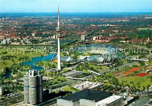 AK / Ansichtskarte Muenchen Olympiagelaende BMW Hochhaus Olympiaturm Muenchen