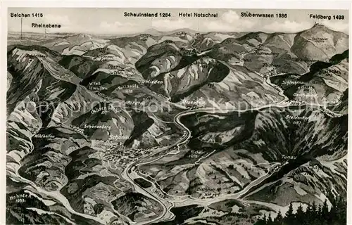 Schoenau_Schwarzwald Panoramakarte mit Belchen Schauinsland Stuebenwasen Feldberg Schoenau Schwarzwald