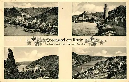 Oberwesel_Rhein Uferpartie am Rhein mit Ochsenturm Landschaftspanorama Klosterruine Oberwesel Rhein