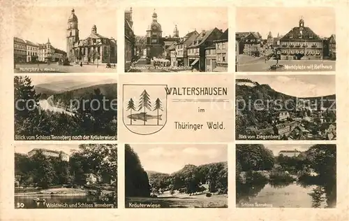 Waltershausen_Gotha Marktplatz Kirche Nikolaustor Thueringer Waldbahn Rathaus Landschaftspanorama Kraeuterwiese Waldteich Schloss Tenneberg Waltershausen Gotha