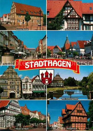 AK / Ansichtskarte Stadthagen Schloss Remise Fachwerk Obernstrasse Schlossgraben Markt Amptspforte Stadthagen