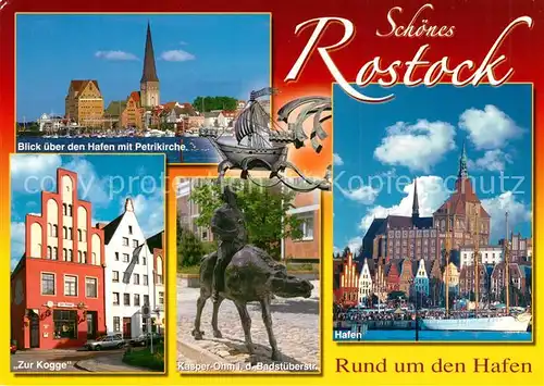 AK / Ansichtskarte Rostock_Mecklenburg Vorpommern Hafen Segelschiffe Petrikirche Zur Kogge Giebelhaus Kasper Ohm Skulptur Altstadt Rostock