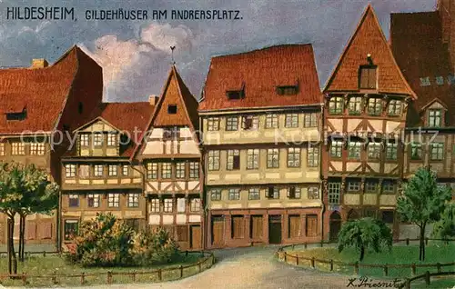 AK / Ansichtskarte Hildesheim Gildehaeuser am Andreasplatz Fachwerkhaeuser Altstadt Kuenstlerkarte Hildesheim