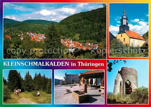 AK / Ansichtskarte Kleinschmalkalden Panorama Kirche Waldpartie Brunnen Turmruine Kleinschmalkalden