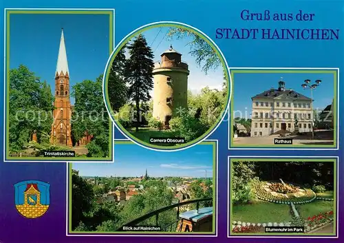 AK / Ansichtskarte Hainichen_Sachsen Trinitatiskirche Camera Obscura Turm Rathaus Blumenuhr Park Stadtpanorama Hainichen Sachsen