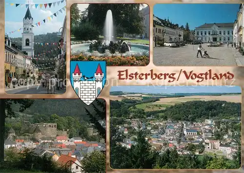 AK / Ansichtskarte Elsterberg_Vogtland Lange Strasse Laurentiuskirche Marktplatz Rathaus Kriebelstein Gustav Voigt Platz Springbrunnen Burgruine Elsterberg_Vogtland