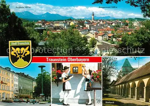 AK / Ansichtskarte Traunstein_Oberbayern Stadtpanorama Alpen Stadtplatz Stadtpark Trachten Kinder am Briefkasten Traunstein_Oberbayern