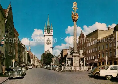 AK / Ansichtskarte Straubing Theresienplatz Stadtturm Dreifaltigkeitssaeule Straubing