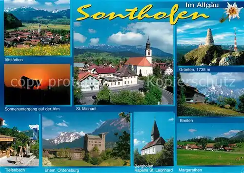 AK / Ansichtskarte Sonthofen_Oberallgaeu Panorama Alpen St Michael Kirche Sonnenuntergang auf der Alm Gruenten Gipfel Breiten Berghofen Kapelle Ordensburg Tiefenbach Sonthofen Oberallgaeu