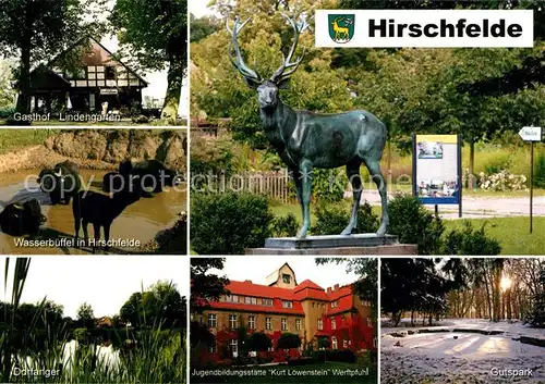 AK / Ansichtskarte Hirschfelde_Werneuchen Gasthof Lindengarten Wasserbueffel Hirschskulptur Dorfanger Jugendbildungsstaette Kurt Loewenstein Werftpfuhl Gutspark im Winter Hirschfelde Werneuchen