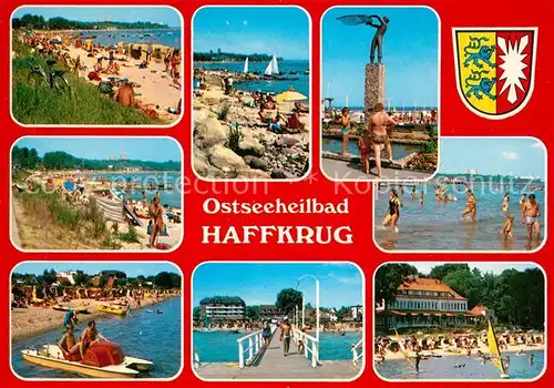 AK / Ansichtskarte Haffkrug_Ostseebad Strand Tretboot Denkmal Seebruecke Hotel Wappen Haffkrug_Ostseebad