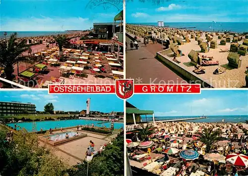 AK / Ansichtskarte Groemitz_Ostseebad Strand Restaurant Terrasse Freibad Groemitz_Ostseebad