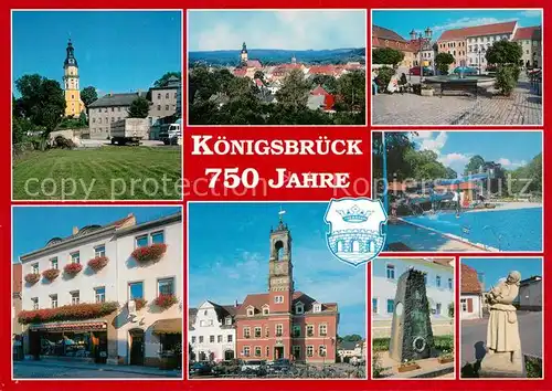 AK / Ansichtskarte Koenigsbrueck Kirche Panorama Markt Stadtbad Curt Tausch Strasse Rathaus Kriegerdenkmal Ferkelfrau Statue Koenigsbrueck