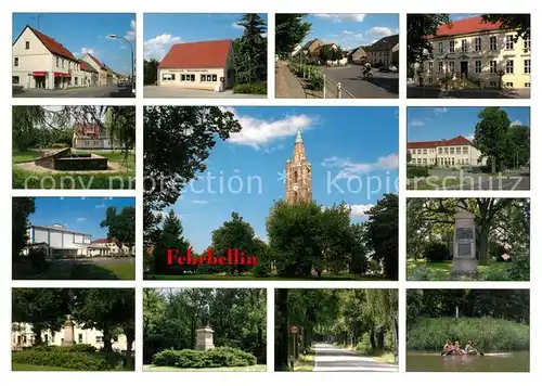 AK / Ansichtskarte Fehrbellin Teilansichten Kirche Denkmal Gedenkstein Alleestrasse Stadtpark See Fehrbellin