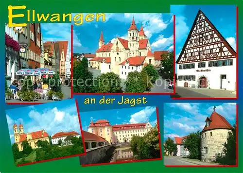 AK / Ansichtskarte Ellwangen_Jagst Strassencafe Kirchen Stadtmuehle Schloss Stadtturm Ellwangen_Jagst