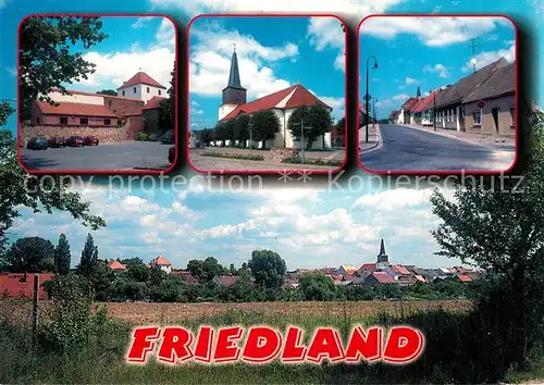 AK / Ansichtskarte Friedland_Mark Burg Stadtkirche Markt Karl Marx Strasse Panorama Friedland_Mark