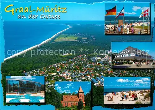 AK / Ansichtskarte Graal Mueritz_Ostseebad Freibad Kirche Strand Hotel Restaurant Fliegeraufnahme Graal Mueritz_Ostseebad