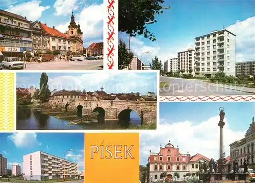 AK / Ansichtskarte Pisek_Tschechien Denkmal Klementa Gottwalda Antonina Zapotockeho Rathaus Bruecke Pisek Tschechien