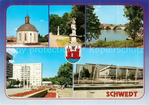 AK / Ansichtskarte Schwedt Kirche Denkmal Oder Bruecke Wasserspiele Hochhaus Schwedt