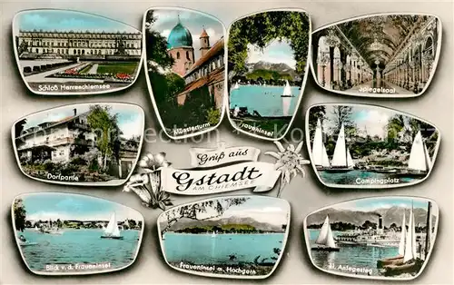 AK / Ansichtskarte Gstadt_Chiemsee Schloss Herrenchiemsee Muensterturm Fraueninsel Campingplatz Gstadt_Chiemsee