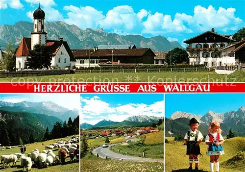 AK / Ansichtskarte Wallgau Kirche Schafherde Panorama Kinder Wallgau