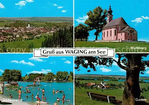 AK / Ansichtskarte Waging_See Panorama Muehlberg Badestrand Gaden Waging_See