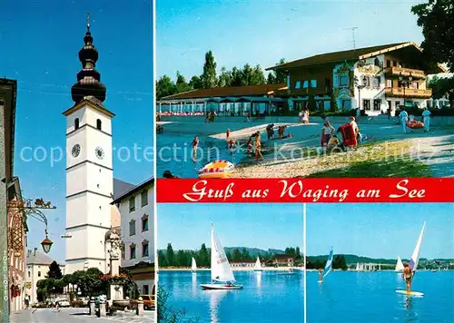 AK / Ansichtskarte Waging_See Kirche Strandbad Seepartien Waging_See