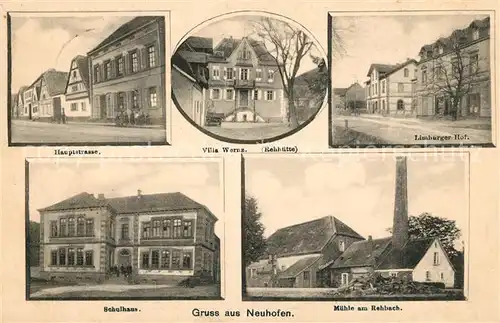 AK / Ansichtskarte Neuhofen_Pfalz Villa Wernz Hauptstrasse Schulhaus Muehle am Rehbach Neuhofen Pfalz