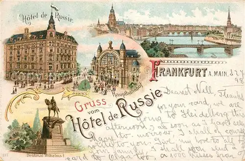 AK / Ansichtskarte Frankfurt_Main Hauptbahnhof Hotel de Russie Denkmal Wilhelms I Frankfurt Main