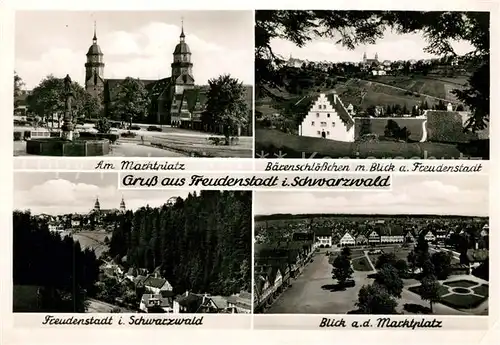 AK / Ansichtskarte Freudenstadt Marktplatz Brunnen Baerenschloesschen Panorama Kurort im Schwarzwald Freudenstadt