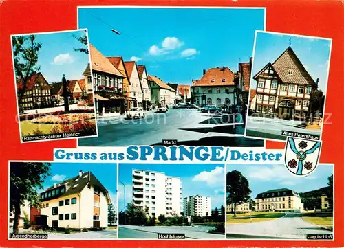AK / Ansichtskarte Springe_Deister Marktplatz Petershaus Jagdschloss Jugendherberg Ratsnachtwaechter Heinrich Springe_Deister