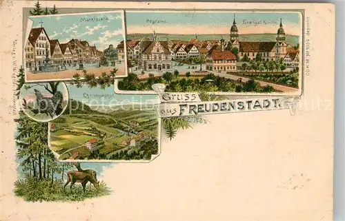 AK / Ansichtskarte Freudenstadt Marktplatz Postamt Kirche Landschaftspanorama Christophstal Auerhahn Wild Rehe Litho Freudenstadt