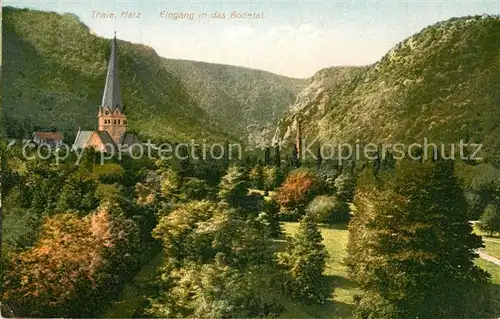 AK / Ansichtskarte Thale_Harz Landschaftspanorama Kirche Eingang in das Bodetal Thale_Harz