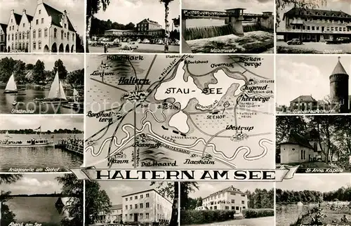 AK / Ansichtskarte Haltern_See Rathaus Seehof Stadtmuehle Siebenteufelsturm Jugendherberge Strandbad Haltern See