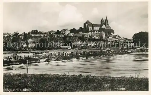 AK / Ansichtskarte Breisach_Rhein Uferpartie am Rhein Schiffsbruecke Blick zum Muenster Breisach Rhein