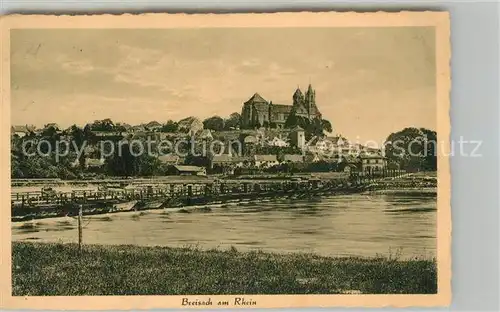 AK / Ansichtskarte Breisach_Rhein Uferpartie am Rhein Schiffsbruecke Blick zum Muenster Breisach Rhein