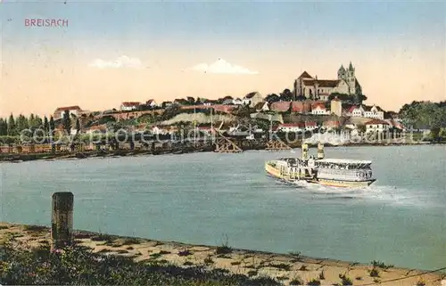 AK / Ansichtskarte Breisach_Rhein Partie am Rhein Schiffsbruecke Dampfer Blick zum Muenster Breisach Rhein