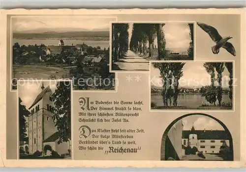 AK / Ansichtskarte Insel_Reichenau Panorama Kloster Kirche Baumallee Moewe Kosmos Gedichtkarte Insel Reichenau