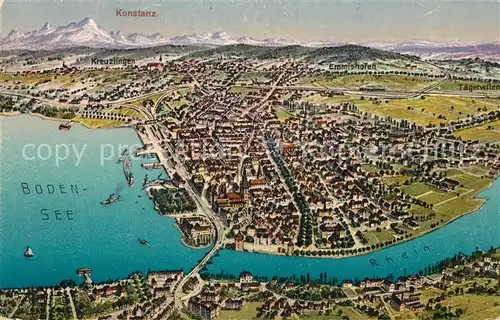 AK / Ansichtskarte Konstanz_Bodensee aus der Vogelperspektive Kuenstlerlitho Konstanz_Bodensee