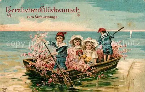 AK / Ansichtskarte Geburtstag Kinder Boot Paddel Blumen Puppe Litho Geburtstag