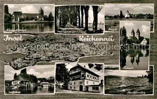 AK / Ansichtskarte Insel_Reichenau_Bodensee Muenster Mittelzell Insel Zufahrt Oberzell Fliegeraufnahme Niederzell Schiffslaende Rathaus Abendstimmung 