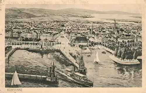 AK / Ansichtskarte Konstanz_Bodensee Hafen Stadtpanorama aus der Vogelperspektive Kuenstlerkarte Konstanz_Bodensee