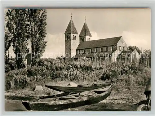 AK / Ansichtskarte Niederzell_Reichenau St Peter und Paul Kirche Fischerhafen Fischerboot Niederzell Reichenau