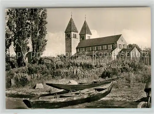 AK / Ansichtskarte Niederzell_Reichenau St Peter und Paul Kirche Fischerhafen Fischerboot Niederzell Reichenau