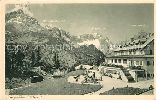 AK / Ansichtskarte Garmisch Partenkirchen Kreuzeckhaus Berggasthaus Alpspitze Zugspitze Wettersteingebirge Garmisch Partenkirchen