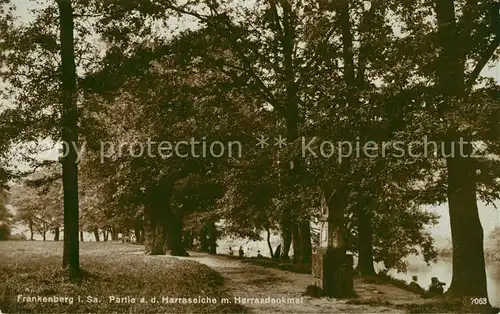 AK / Ansichtskarte Frankenberg_Sachsen Partie an der Harraseiche mit Harrasdenkmal Frankenberg Sachsen