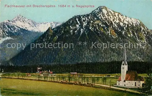 AK / Ansichtskarte Fischhausen_Schliersee Teilansicht mit Kirche Brecherspitze Nagelspitze Mangfallgebirge Fischhausen Schliersee